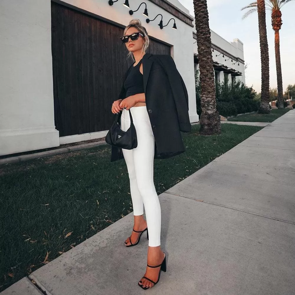 High-Waisted White Faux Leather Skinny Pants - Leather Look Fashion Leggings with Booty Lift Effect