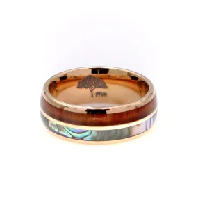 Koa Wood and Abalone Rose Gold Tungsten Ring 8mm