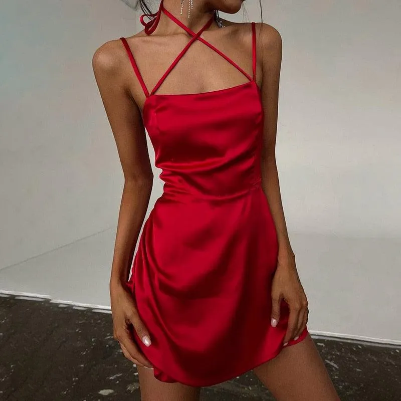 Lace Up Satin Strap Mini Backless Sexy Party Elegant Club dress