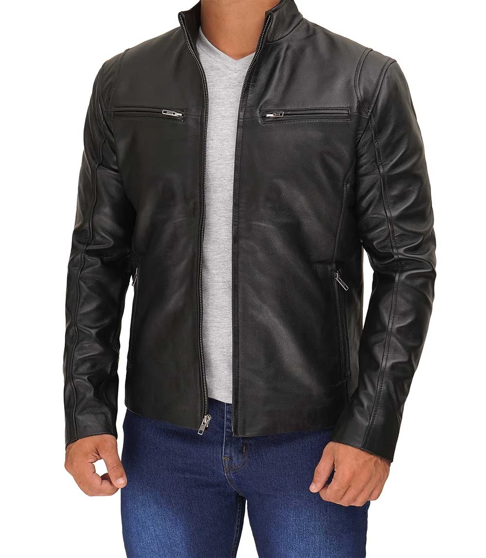 Men Black Cafe Racer Leather Jacket