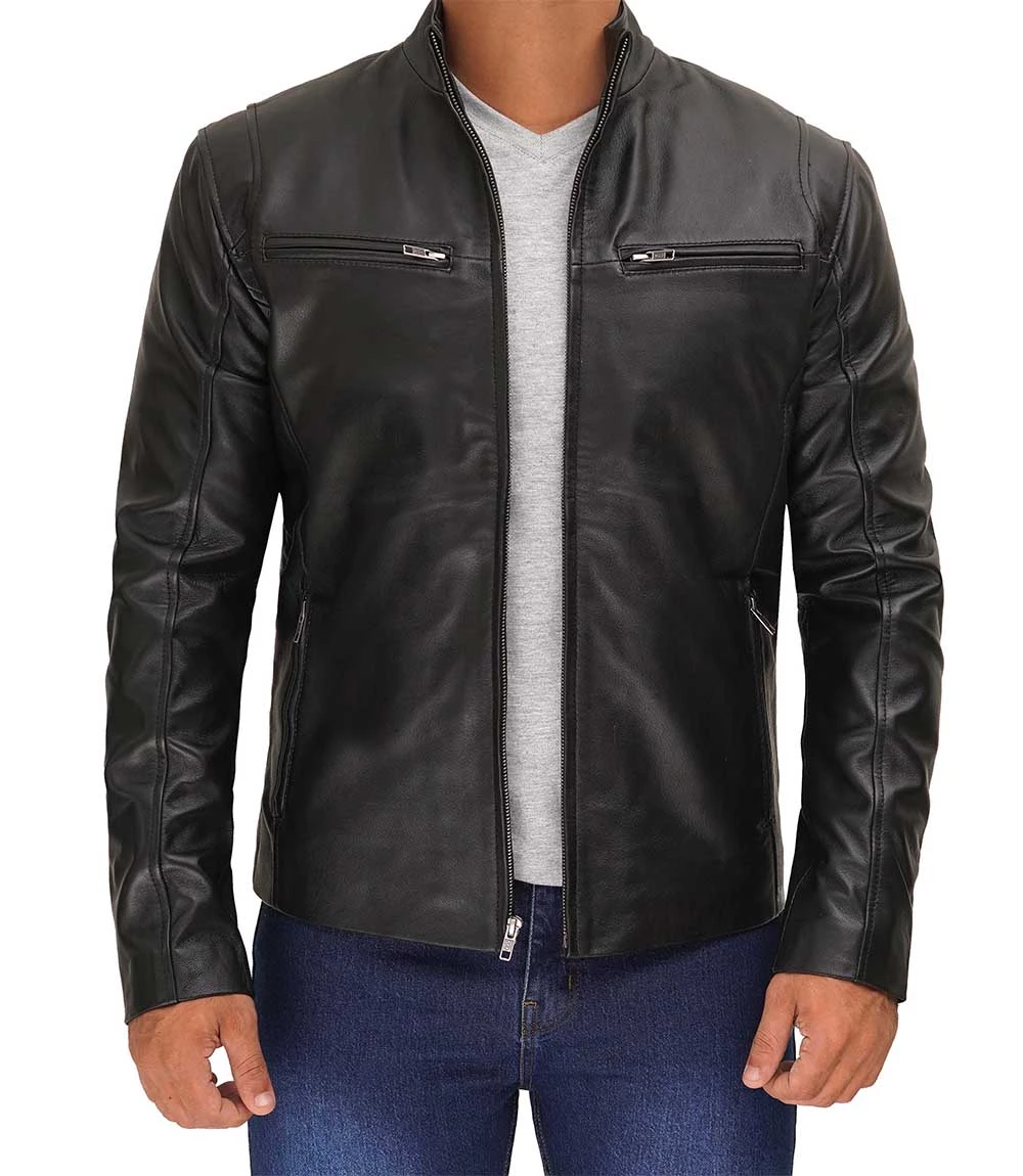 Men Black Cafe Racer Leather Jacket