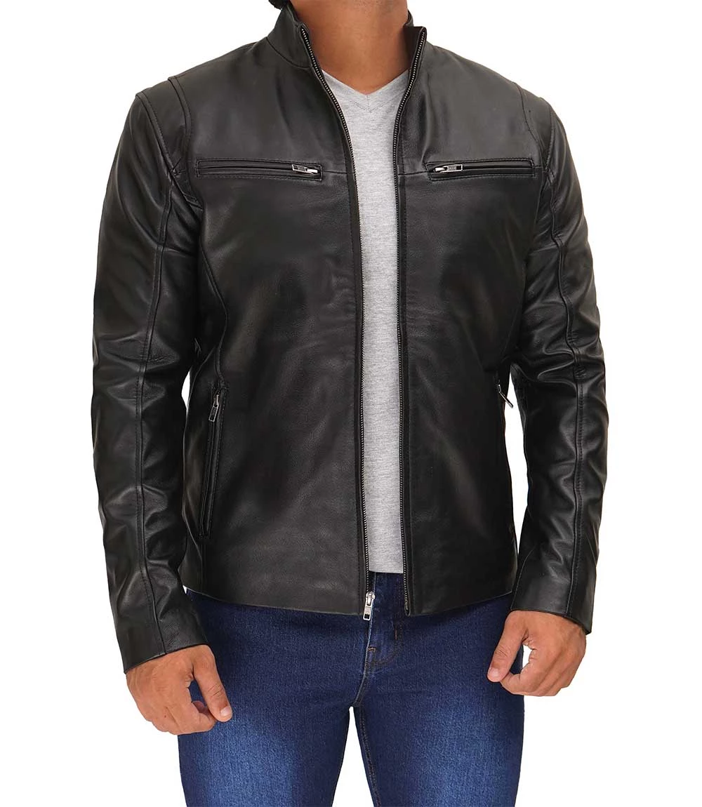 Men Black Cafe Racer Leather Jacket