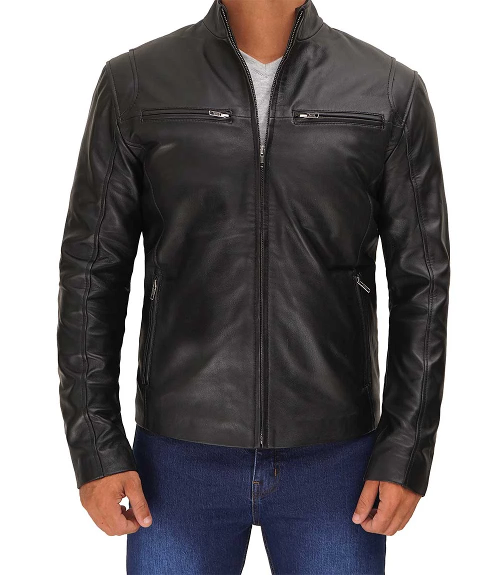 Men Black Cafe Racer Leather Jacket