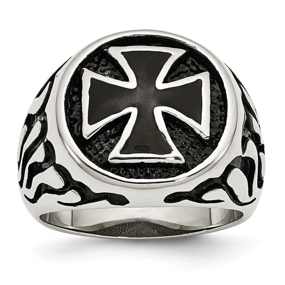 Men's 17mm Stainless Steel & Black Plated Maltese Cross Tapered Ring