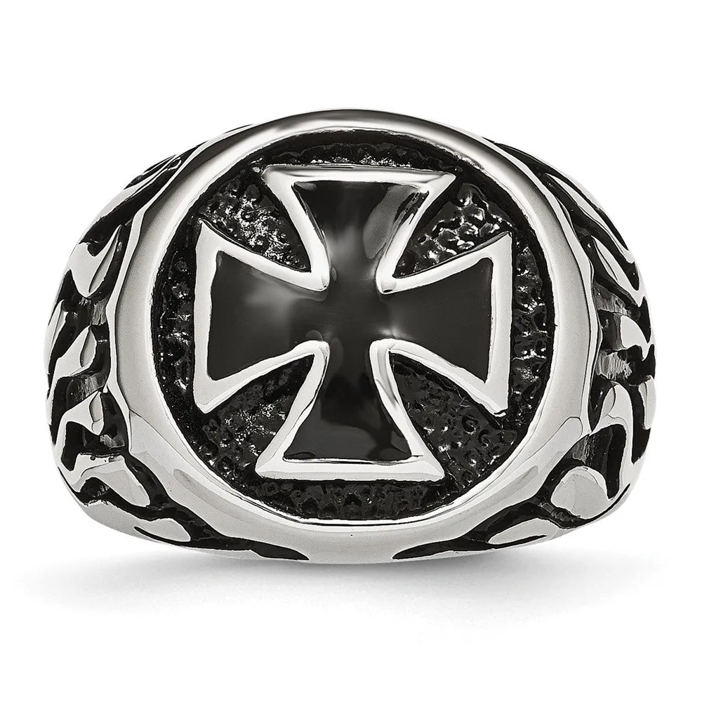 Men's 17mm Stainless Steel & Black Plated Maltese Cross Tapered Ring