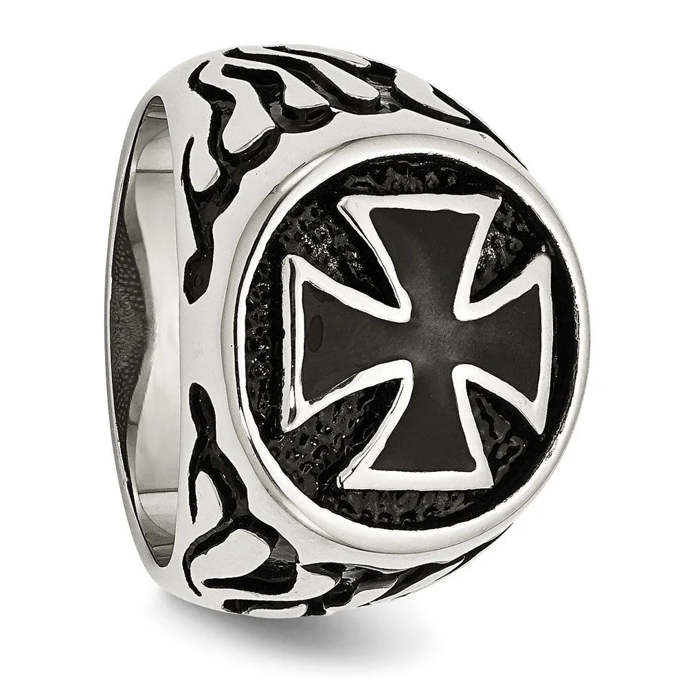 Men's 17mm Stainless Steel & Black Plated Maltese Cross Tapered Ring