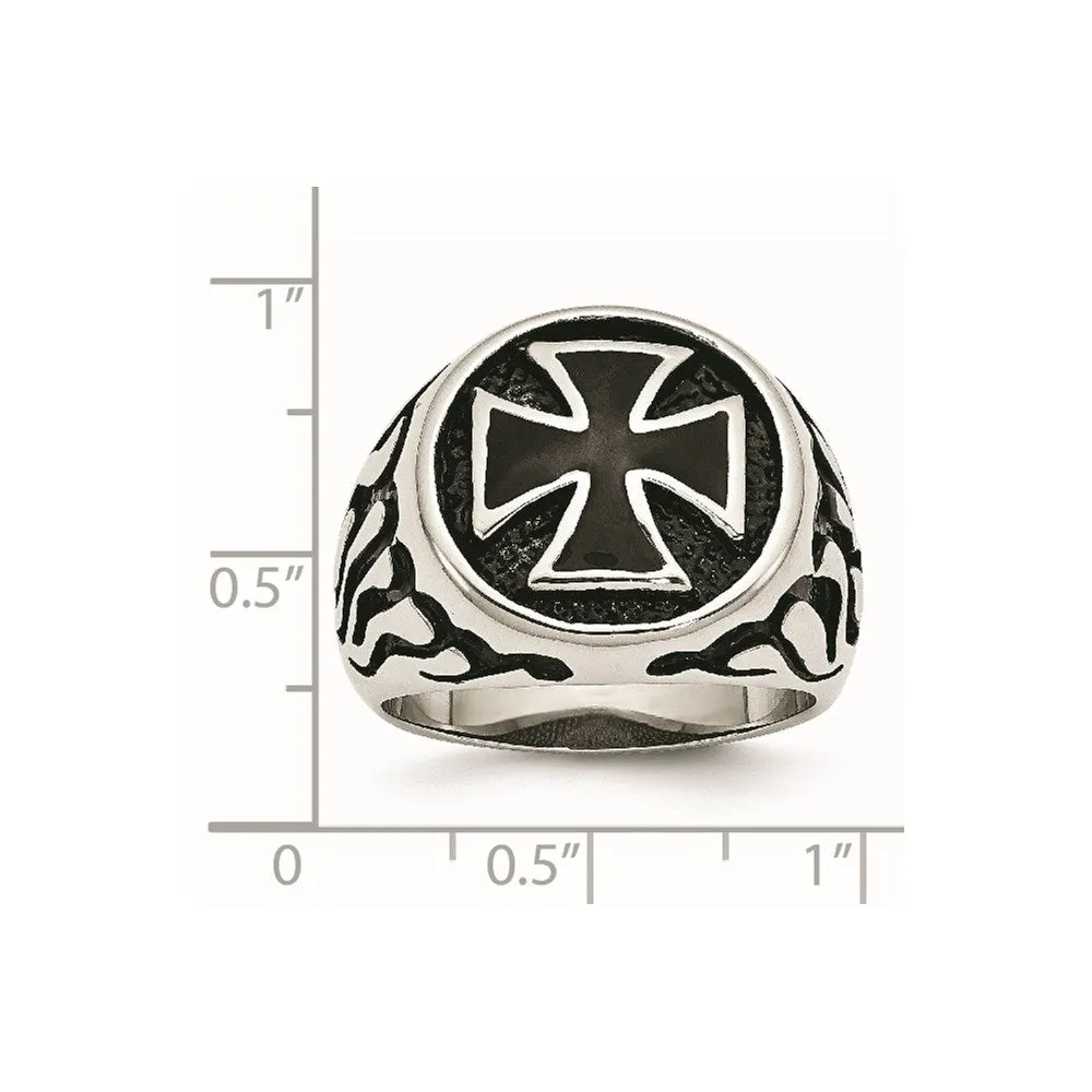 Men's 17mm Stainless Steel & Black Plated Maltese Cross Tapered Ring