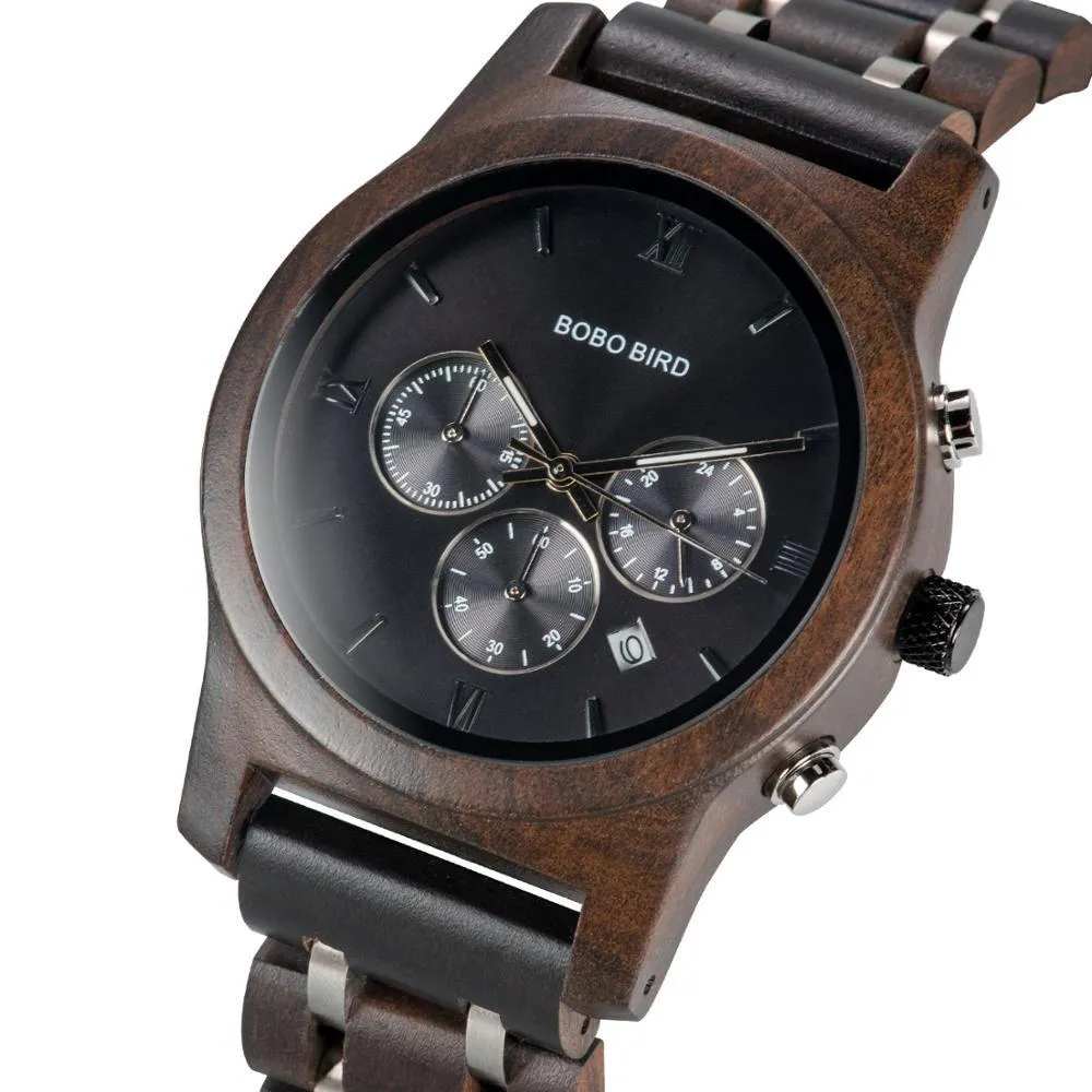 Men's Black Wooden Quartz Stopwatch Timepieces Wristwatch