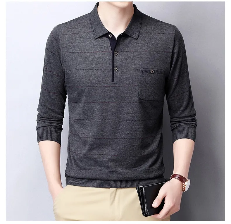 Men's Casual Striped Breathable Slim Fit Long Sleeve Polo Shirt