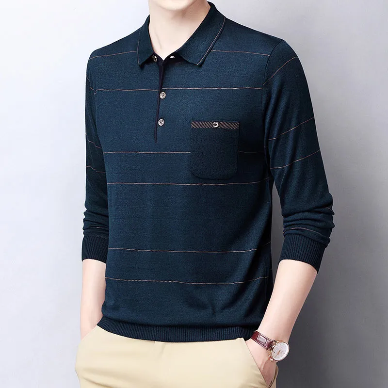 Men's Casual Striped Breathable Slim Fit Long Sleeve Polo Shirt