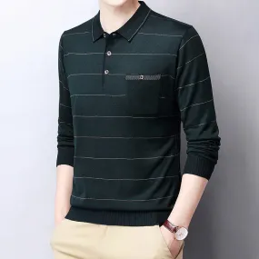 Men's Casual Striped Breathable Slim Fit Long Sleeve Polo Shirt