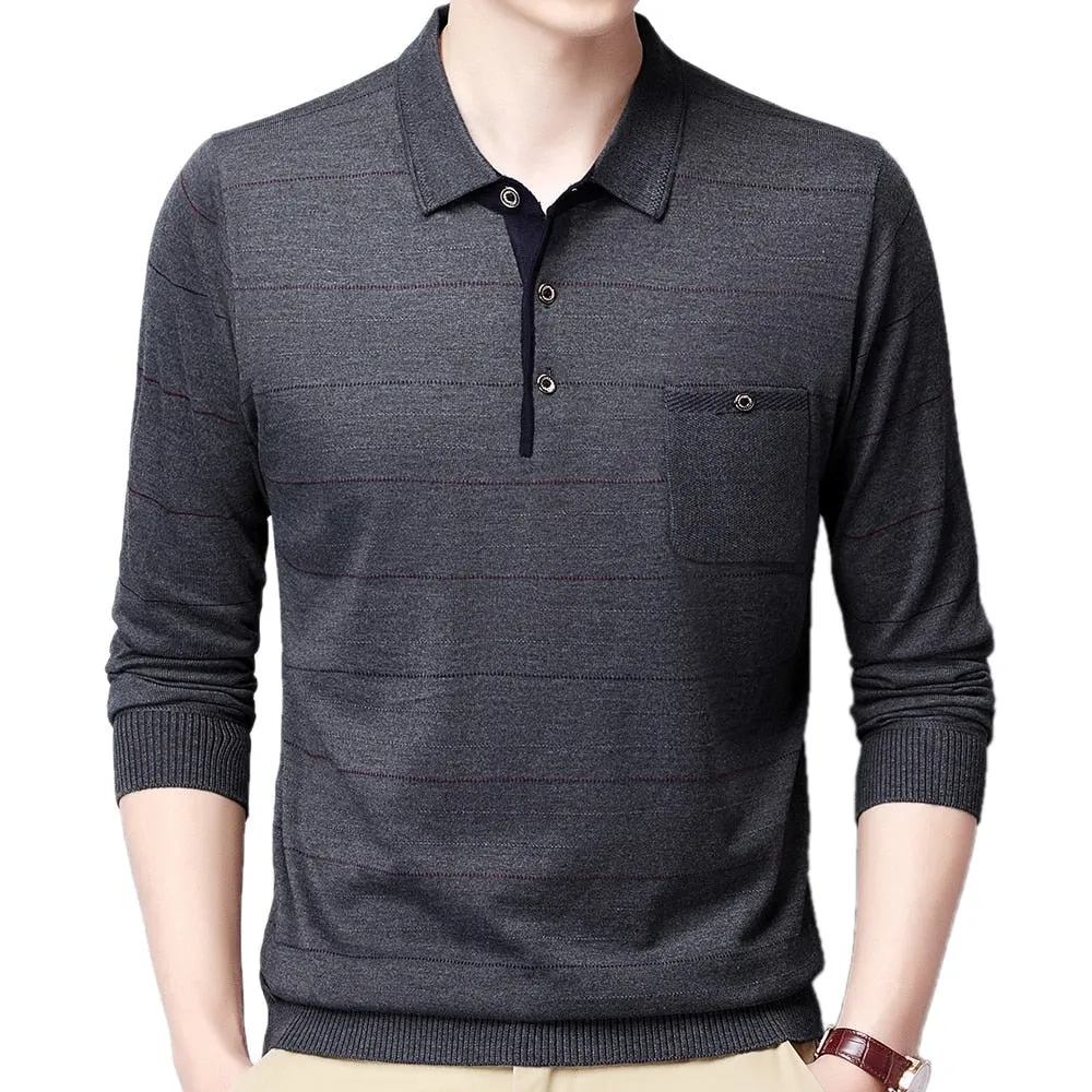 Men's Casual Striped Breathable Slim Fit Long Sleeve Polo Shirt