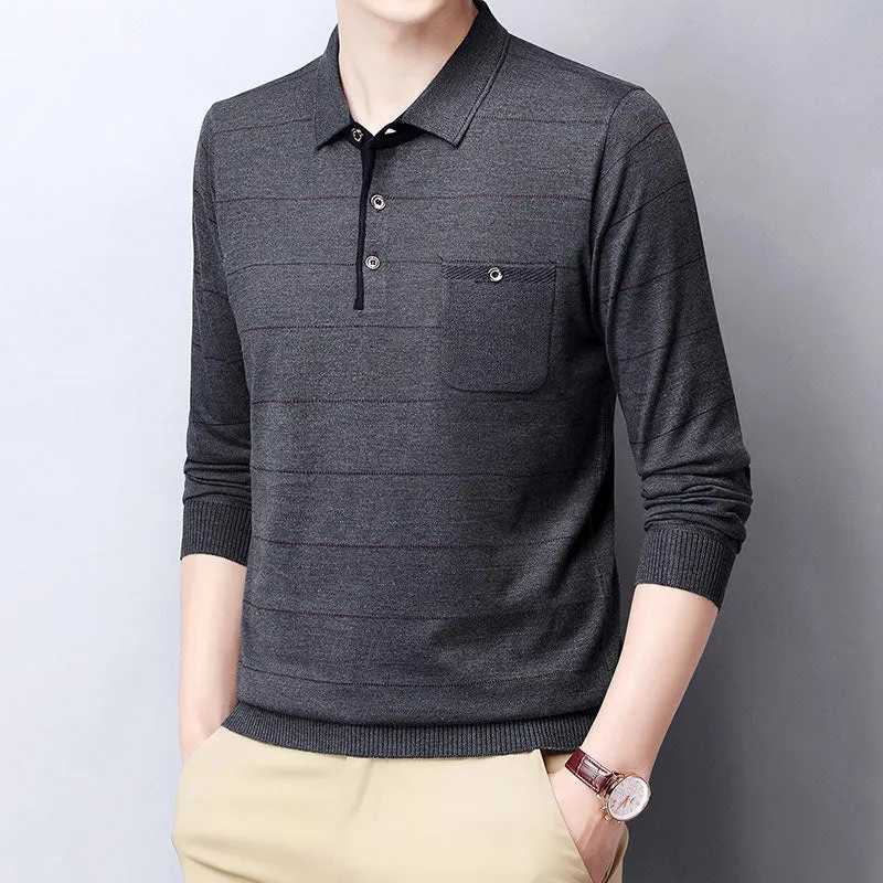 Men's Casual Striped Breathable Slim Fit Long Sleeve Polo Shirt