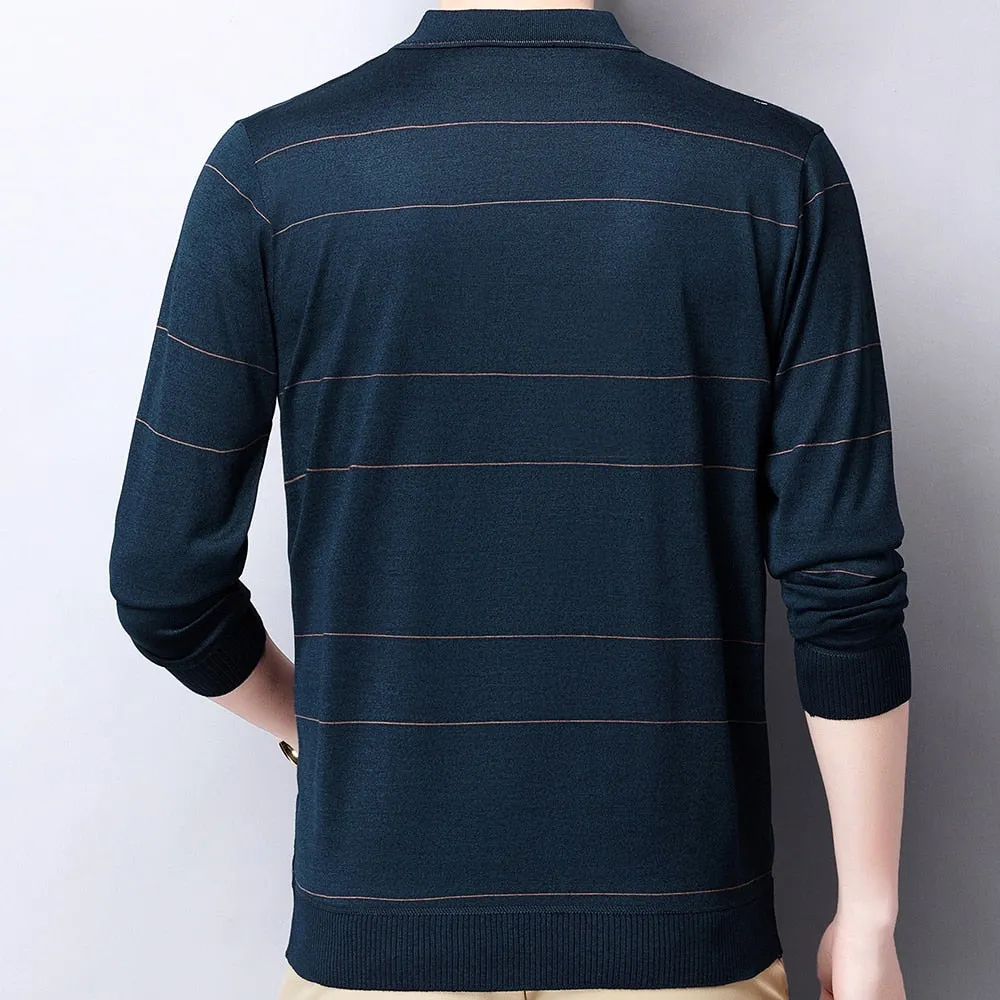 Men's Casual Striped Breathable Slim Fit Long Sleeve Polo Shirt