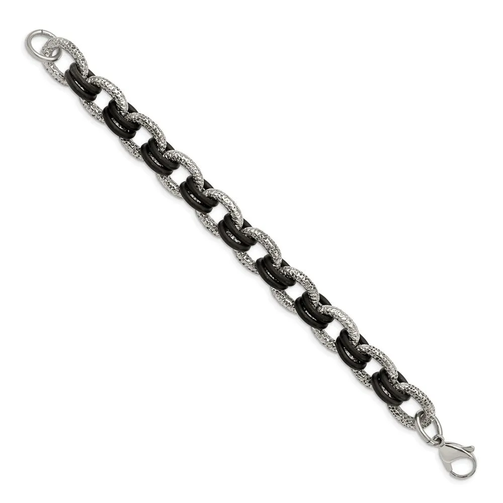 Men's Stainless Steel and Black Rubber Cable Chain Bracelet, 9 Inch