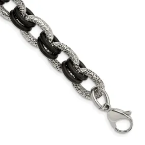 Men's Stainless Steel and Black Rubber Cable Chain Bracelet, 9 Inch