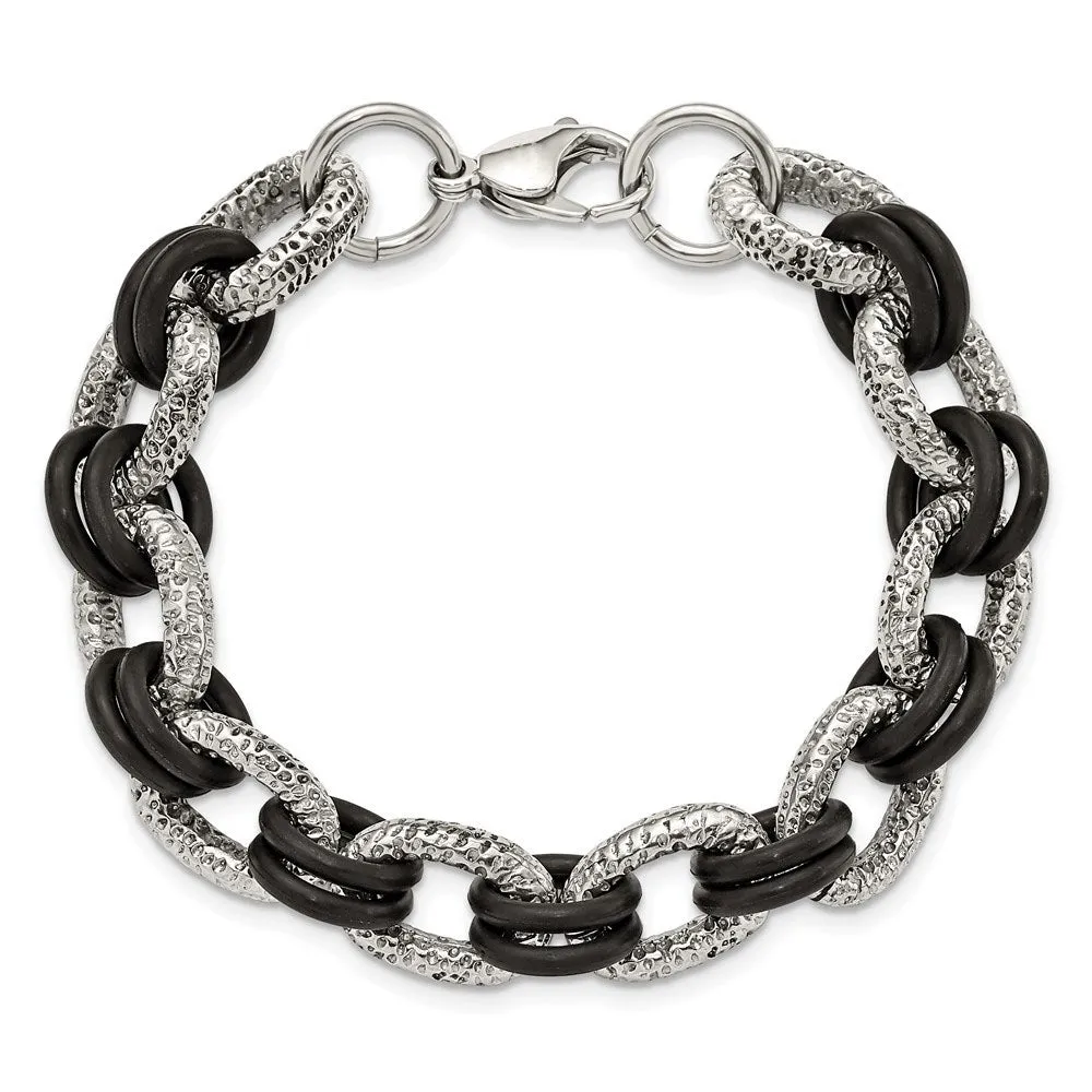 Men's Stainless Steel and Black Rubber Cable Chain Bracelet, 9 Inch