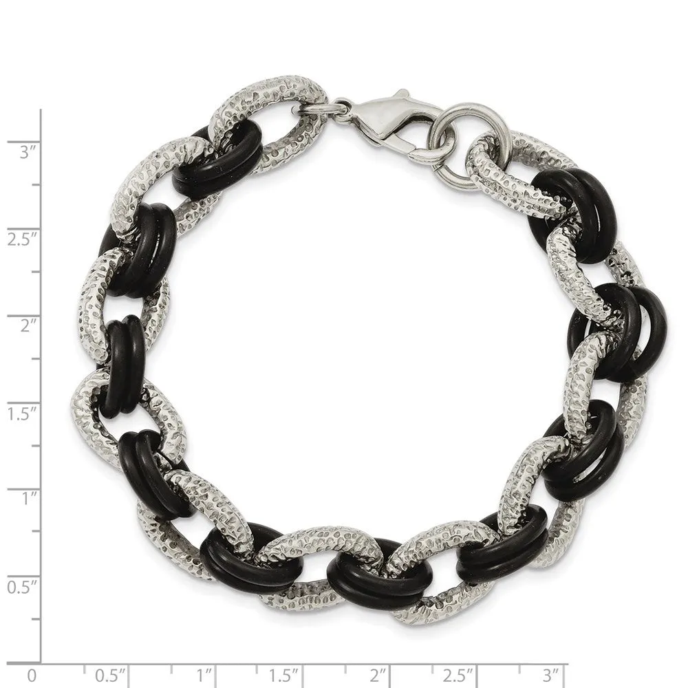 Men's Stainless Steel and Black Rubber Cable Chain Bracelet, 9 Inch