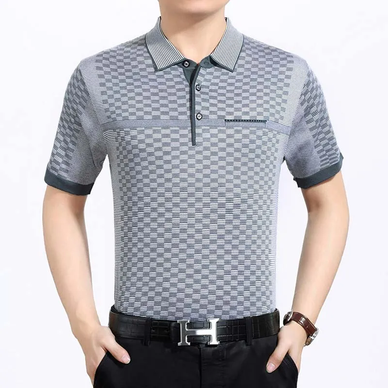 Men's Summer Plaid Pattern Breathable Loose Short Sleeves Polo Shirt