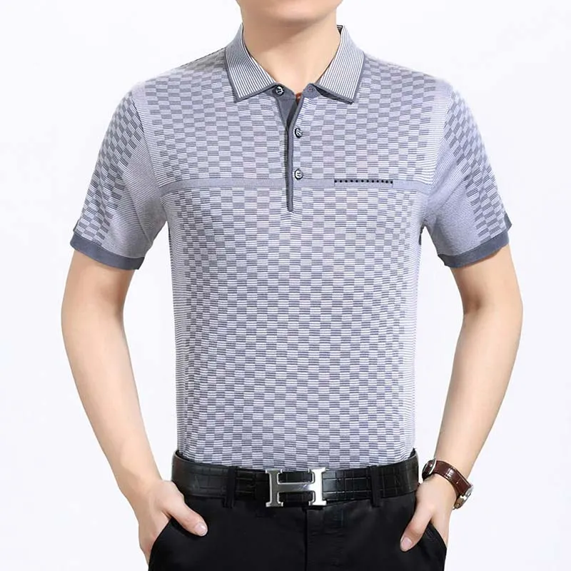 Men's Summer Plaid Pattern Breathable Loose Short Sleeves Polo Shirt