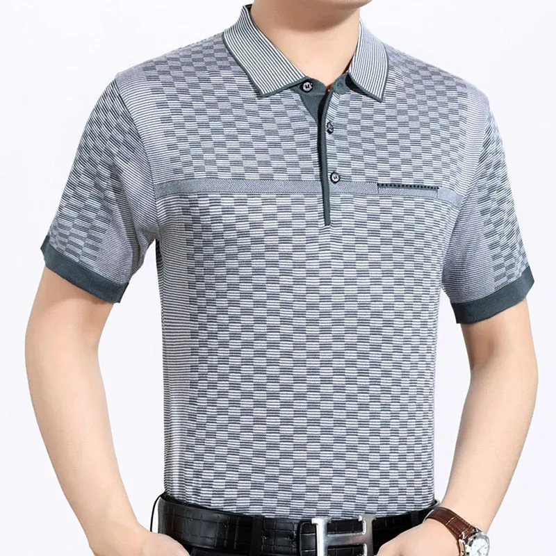 Men's Summer Plaid Pattern Breathable Loose Short Sleeves Polo Shirt