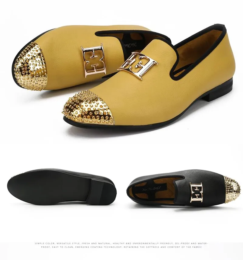 Men's Yellow Synthetic Leather Gold Metal Toe Casual Slip-On Loafers