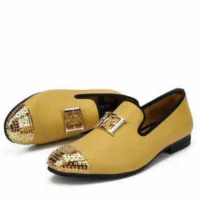 Men's Yellow Synthetic Leather Gold Metal Toe Casual Slip-On Loafers