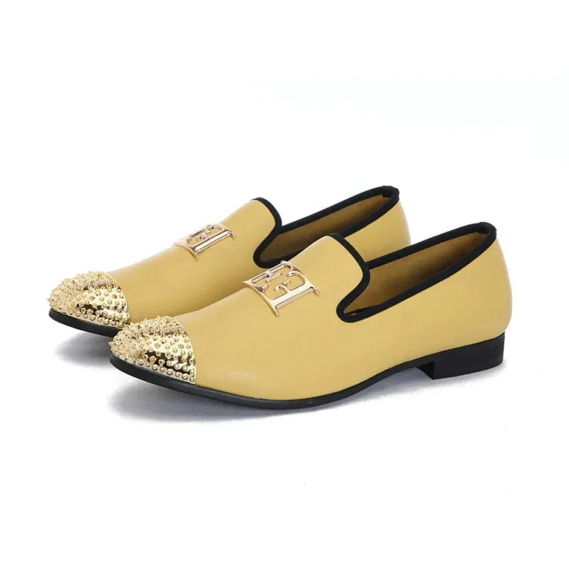 Men's Yellow Synthetic Leather Gold Metal Toe Casual Slip-On Loafers