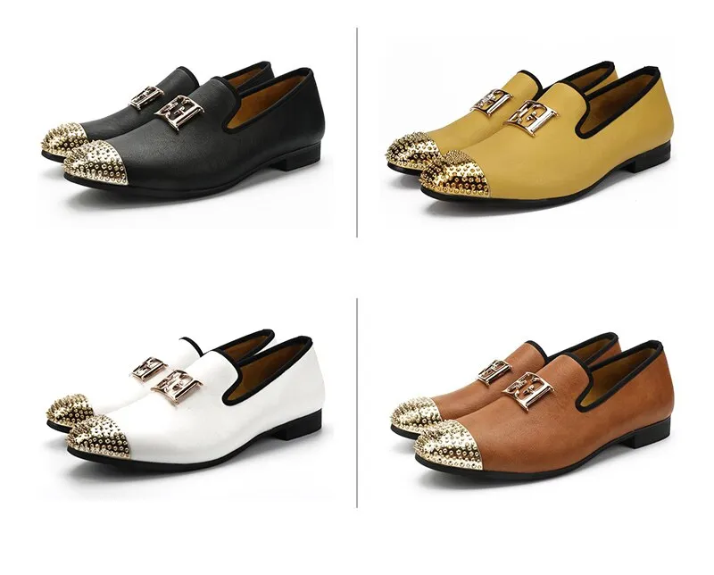 Men's Yellow Synthetic Leather Gold Metal Toe Casual Slip-On Loafers