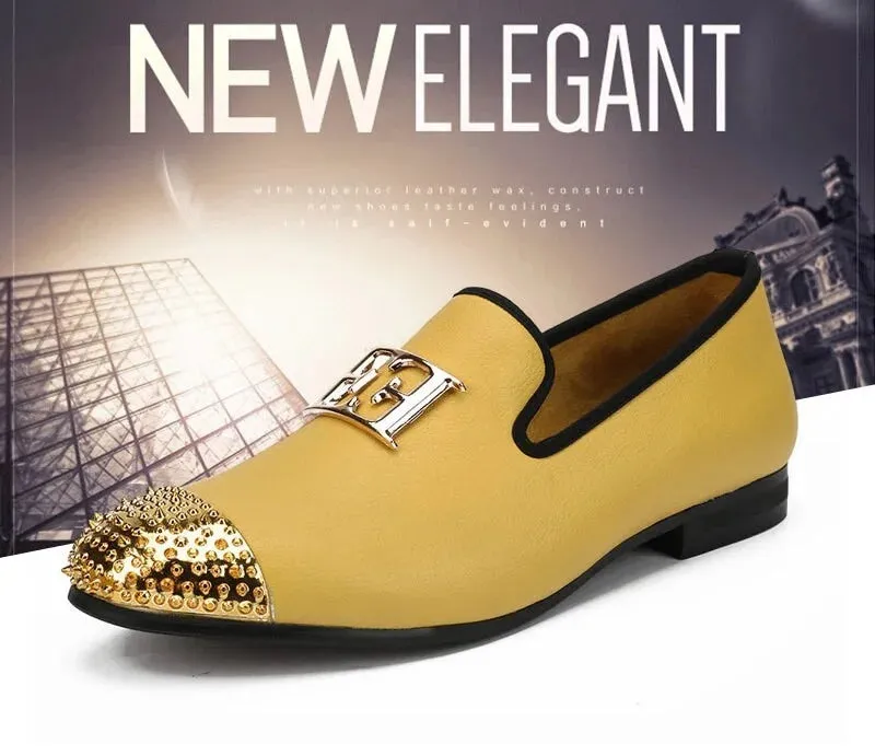 Men's Yellow Synthetic Leather Gold Metal Toe Casual Slip-On Loafers