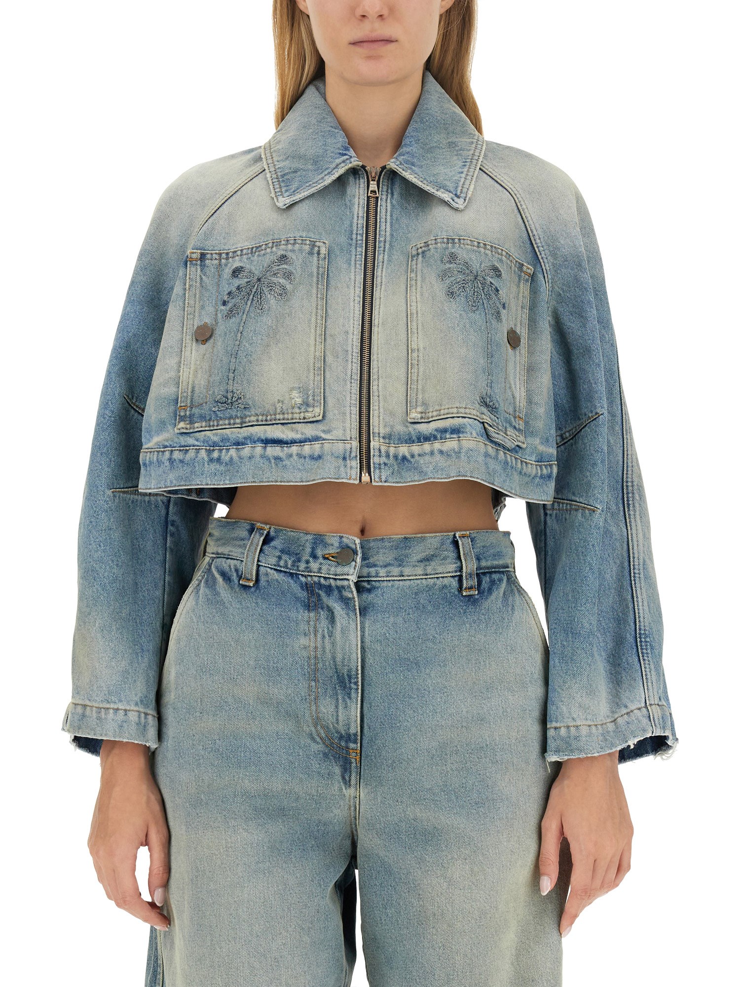 PALM ANGELS    CROPPED FIT COTTON DENIM JACKET