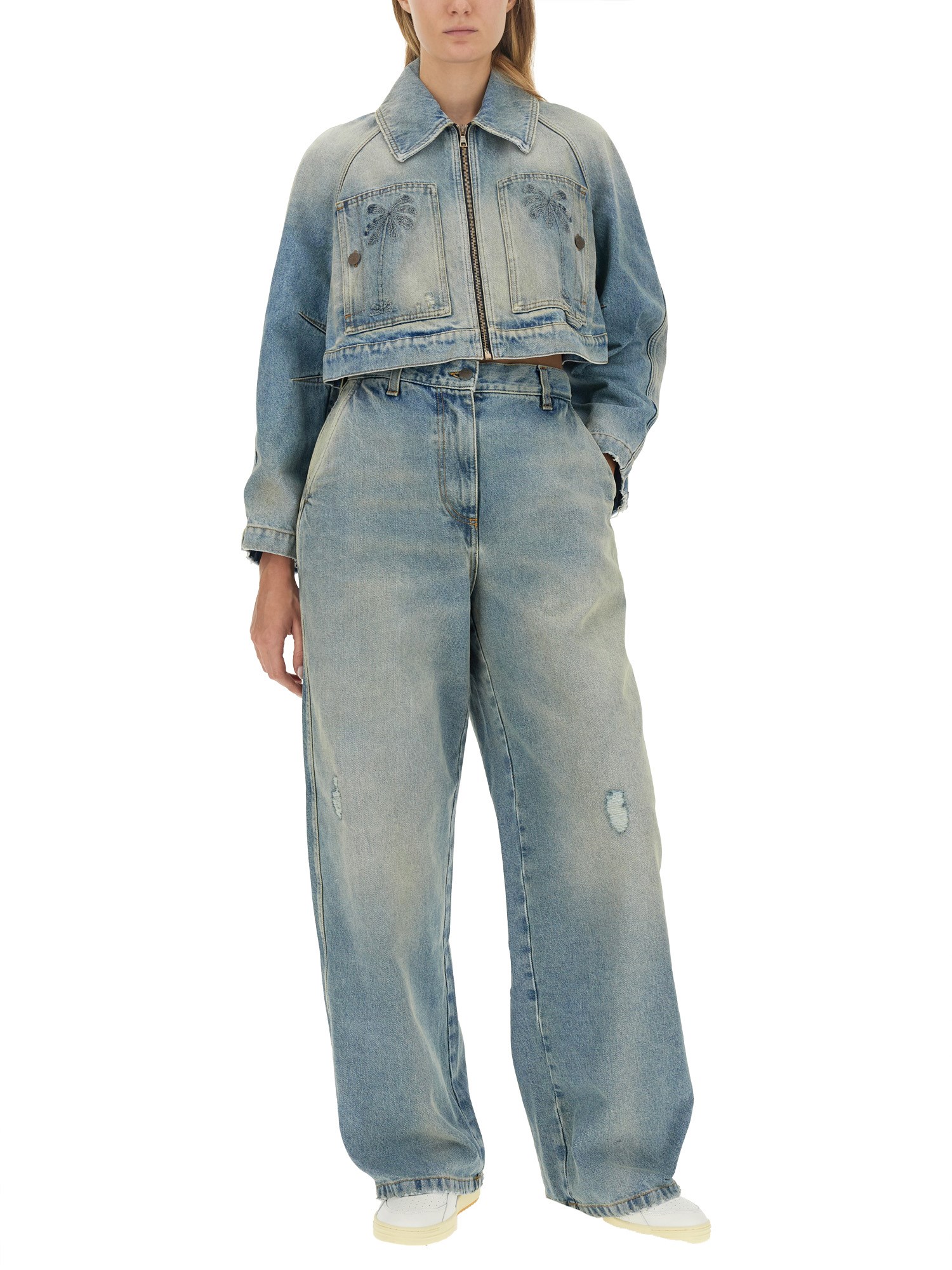 PALM ANGELS    CROPPED FIT COTTON DENIM JACKET