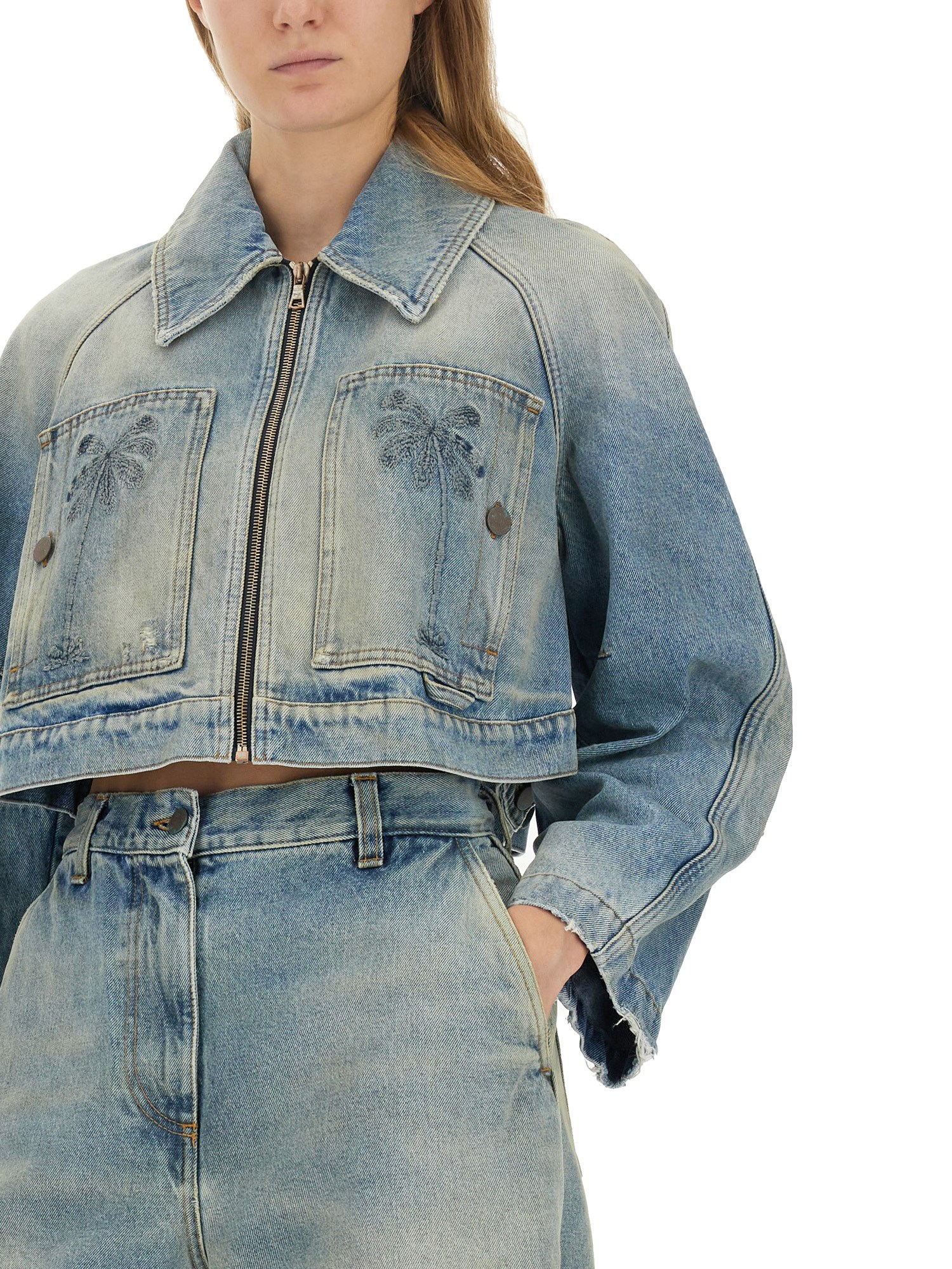 PALM ANGELS    CROPPED FIT COTTON DENIM JACKET