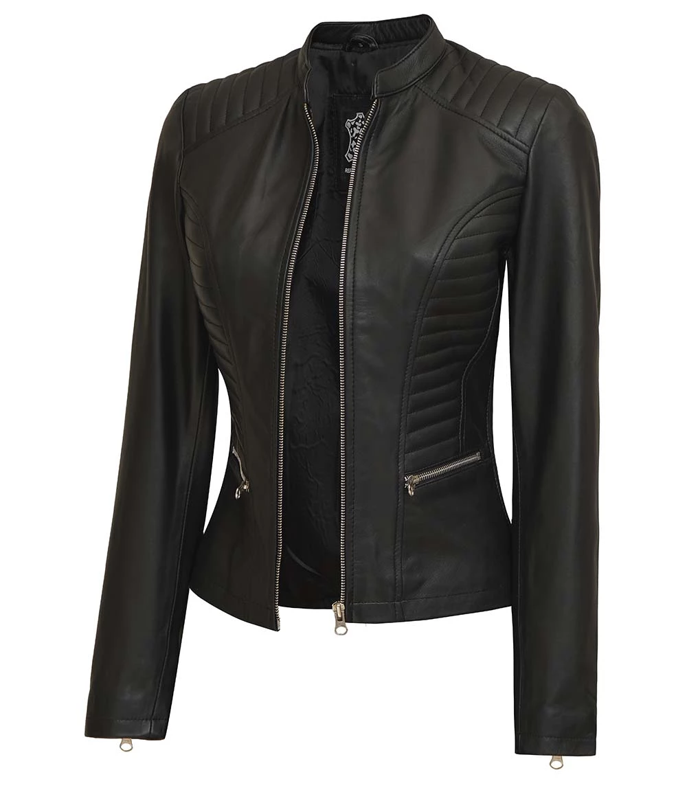 Rachel Women's Petite Black Cafe Racer Leather Jacket