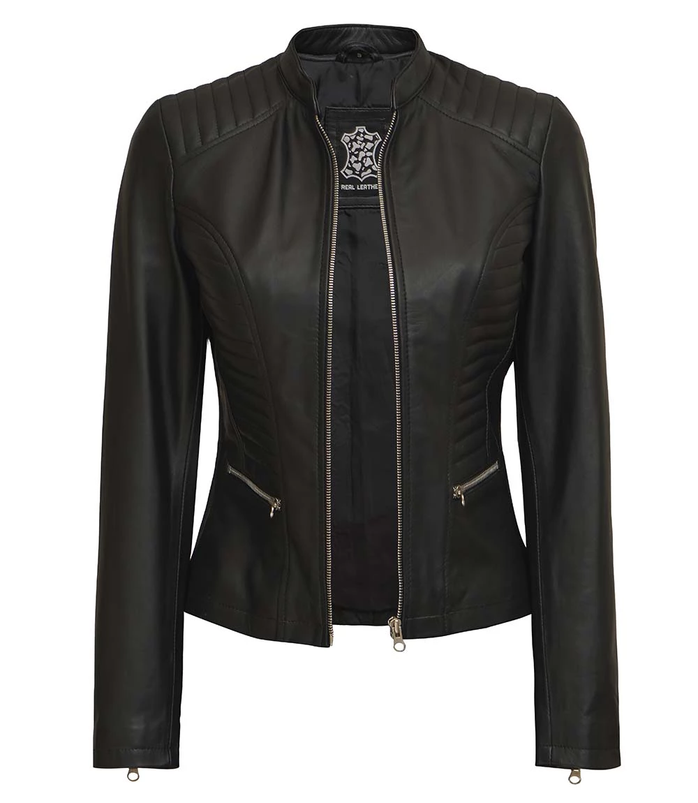 Rachel Women's Petite Black Cafe Racer Leather Jacket