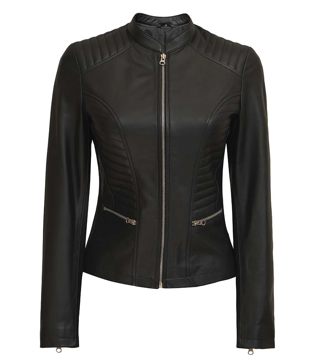 Rachel Women's Petite Black Cafe Racer Leather Jacket