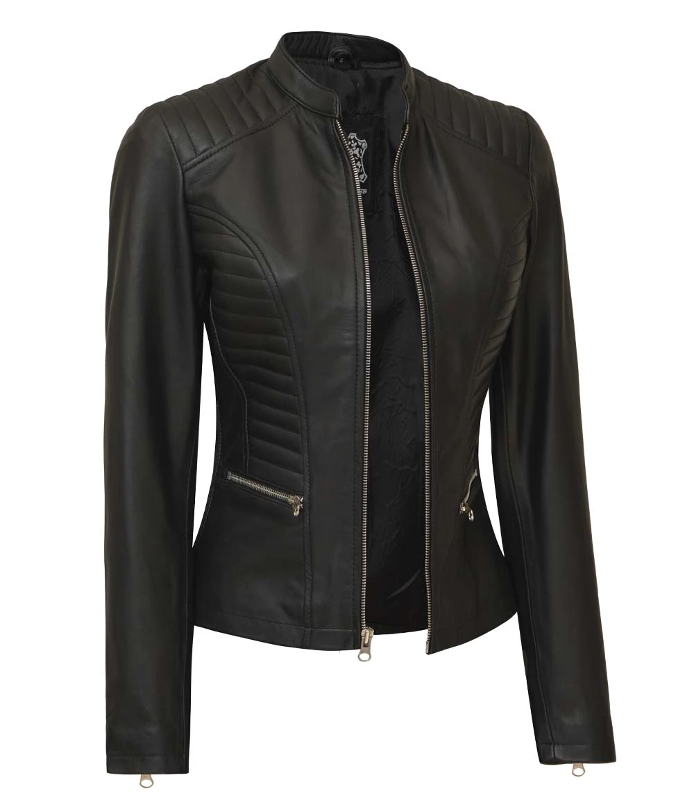 Rachel Women's Petite Black Cafe Racer Leather Jacket