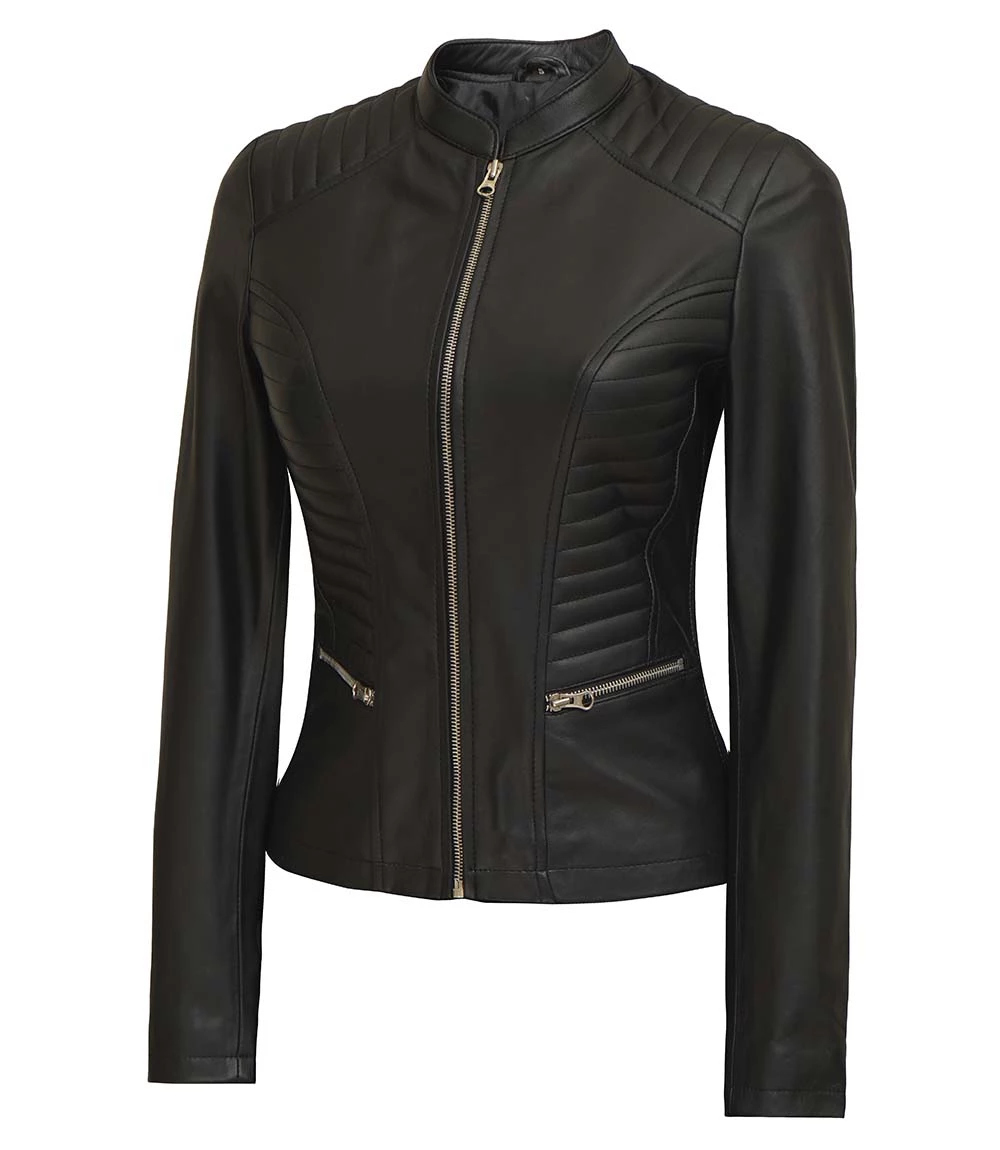 Rachel Women's Petite Black Cafe Racer Leather Jacket