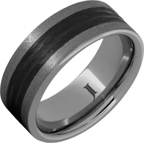 Rugged Tungsten Ring With Bark Carved Black Ceramic Inlay and Stone Finish