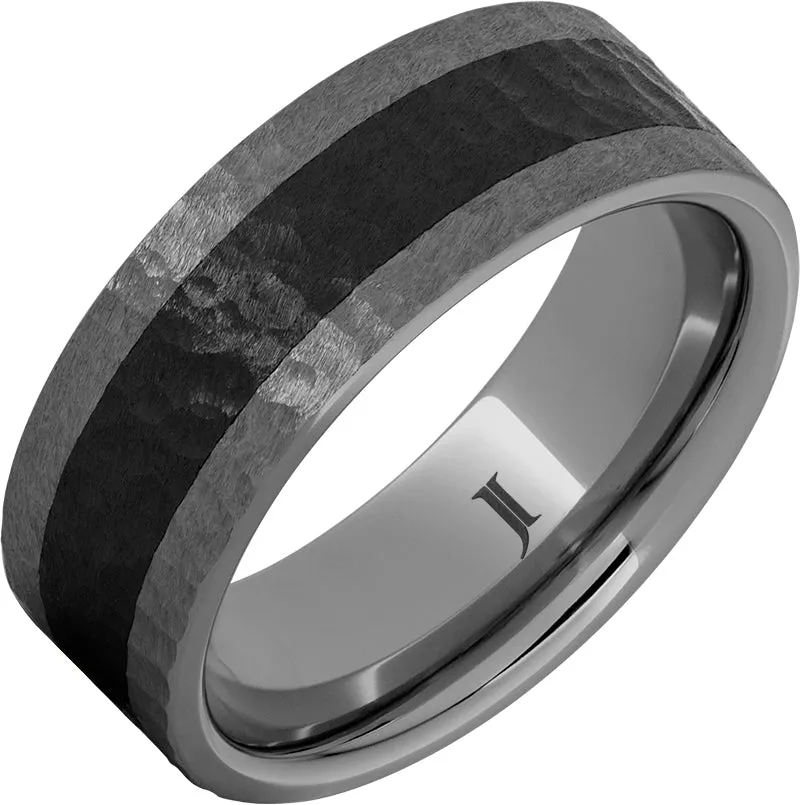 Rugged Tungsten Ring With Black Ceramic Inlay and Hand Carved Hammer Finish