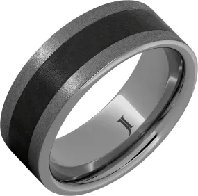 Rugged Tungsten Ring With Black Ceramic Inlay and Stone Finish