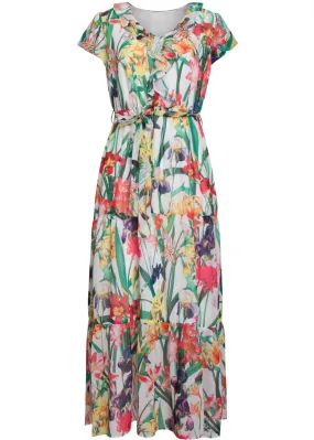 Smashed Lemon Tropical Flowers 70's Maxi Dress White