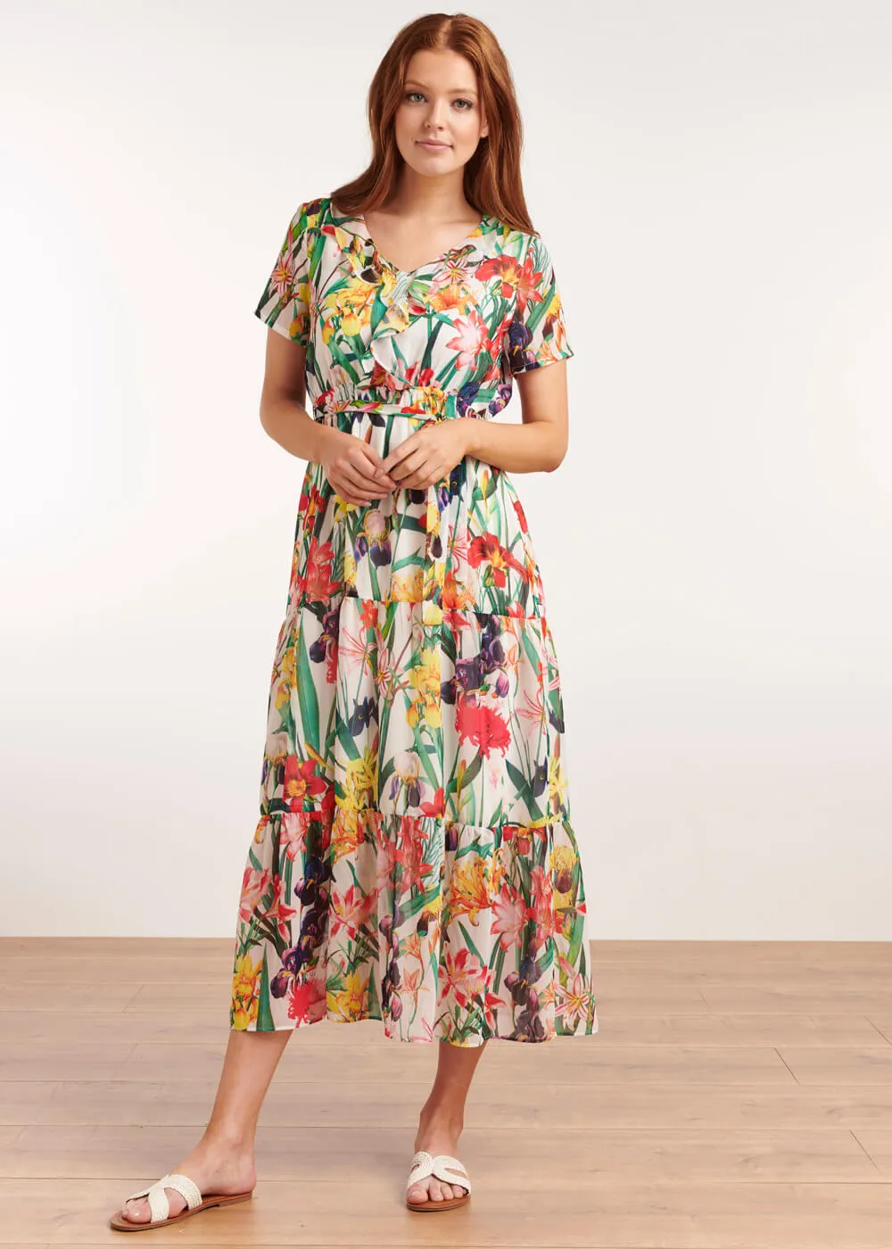 Smashed Lemon Tropical Flowers 70's Maxi Dress White