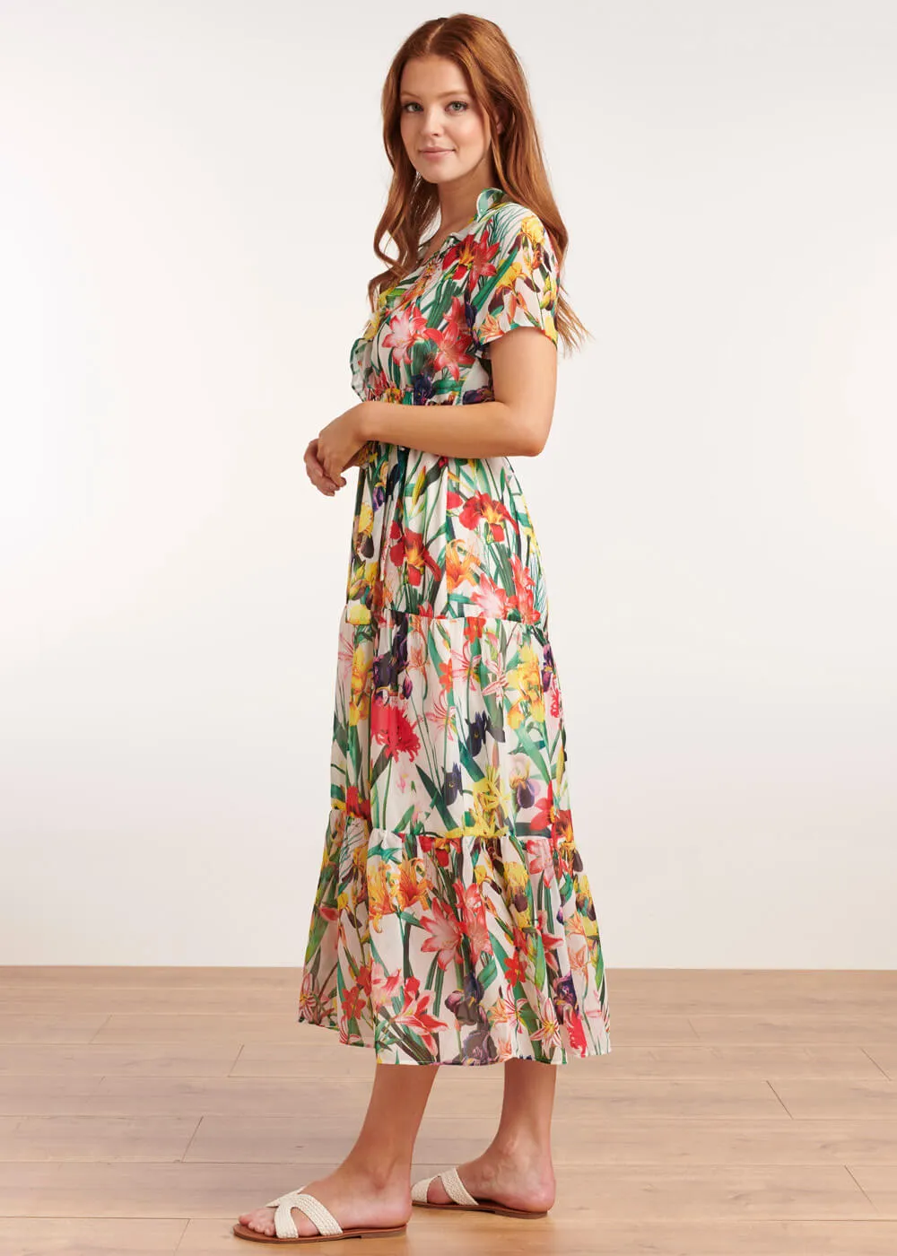 Smashed Lemon Tropical Flowers 70's Maxi Dress White