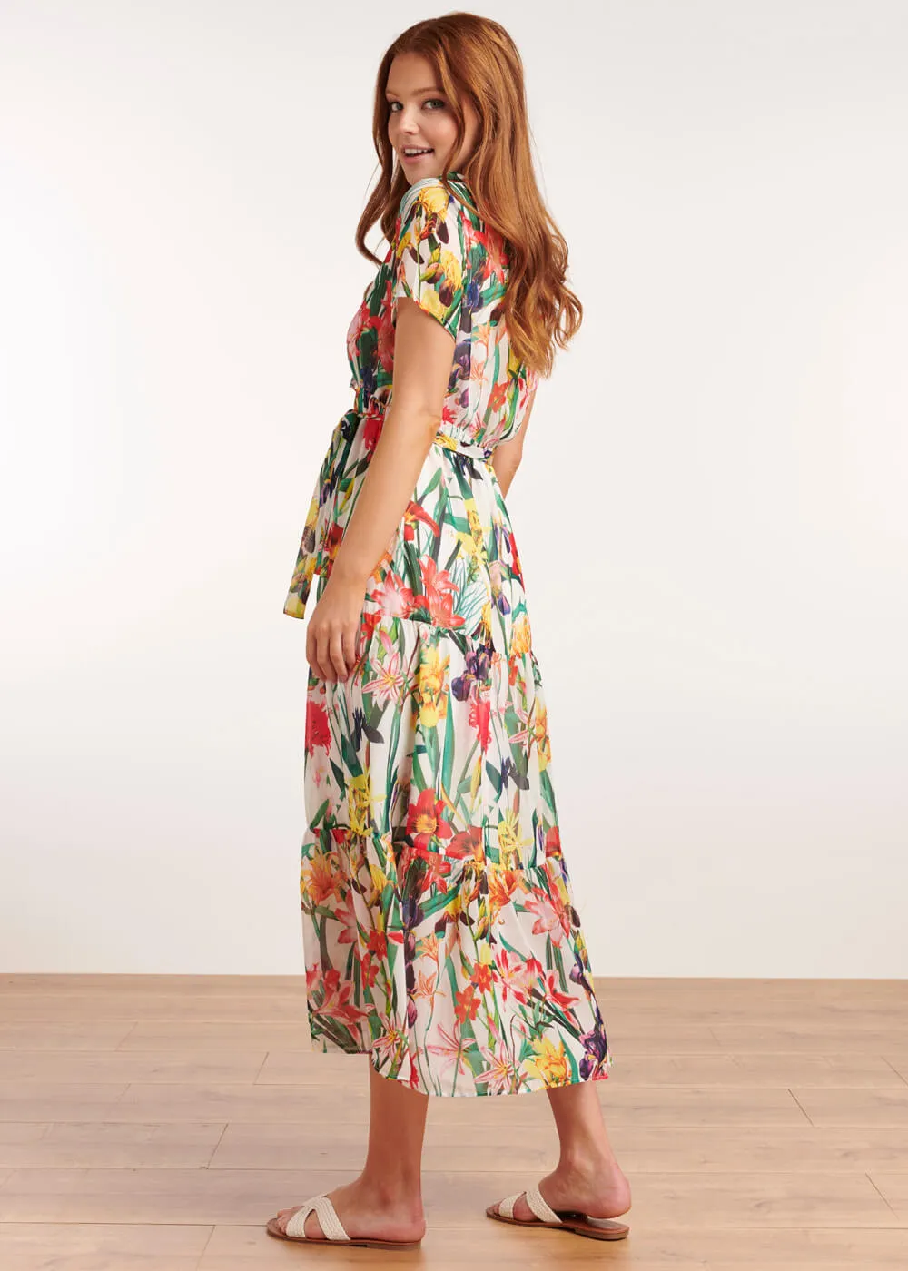 Smashed Lemon Tropical Flowers 70's Maxi Dress White