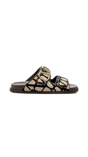 Vlogo Signature Slide Sandals in Toile Iconographe - Beige/Black