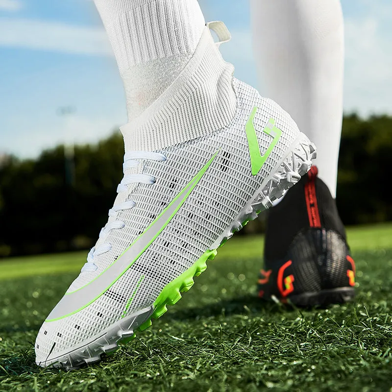 White Black Men's Breathable Lace-up Cleats Training AG Angle Soccer Shoes