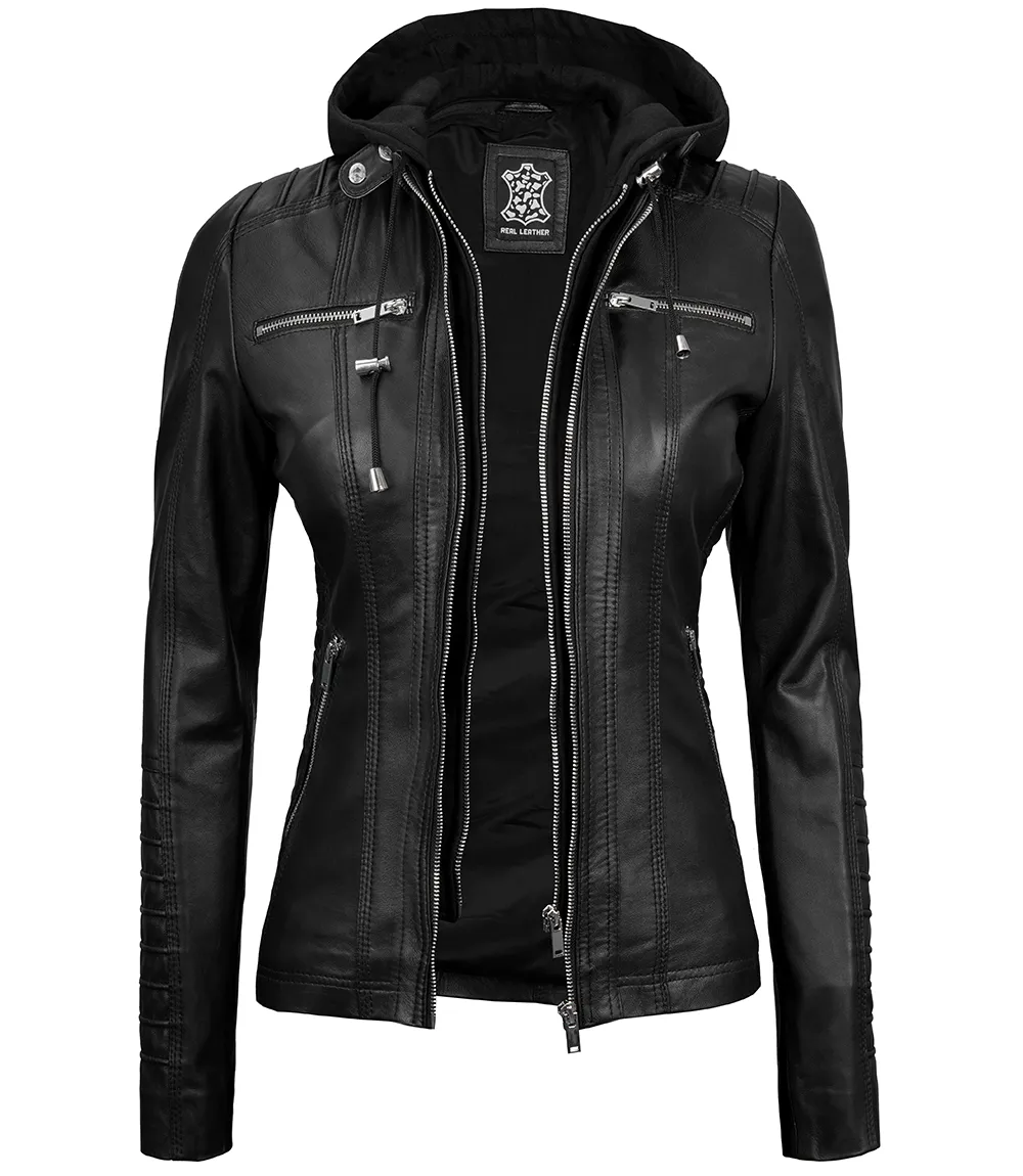 Women's Tall Black Leather Jacket With Removable Hood