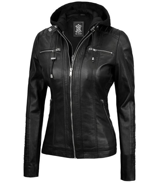 Women's Tall Black Leather Jacket With Removable Hood