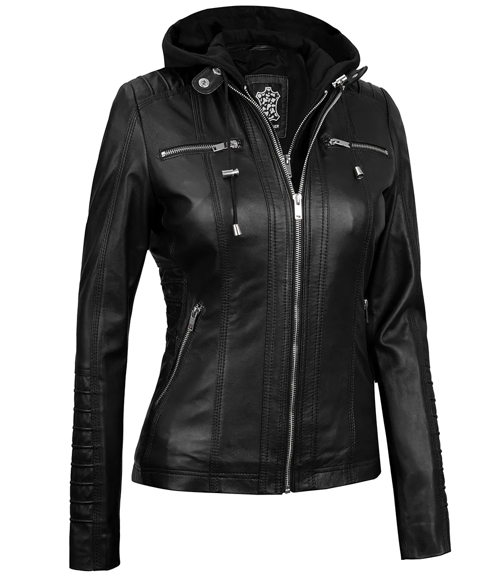 Women's Tall Black Leather Jacket With Removable Hood